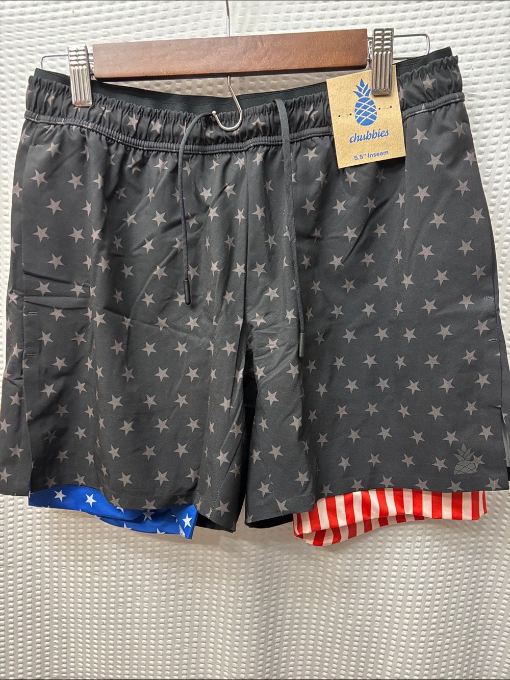 chubbies Black Star Print Swim Board Shorts with American Flag Liner